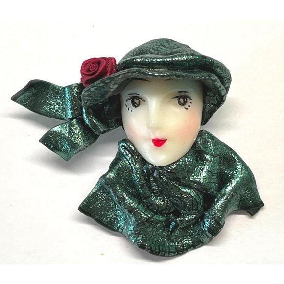 Vintage Art Deco Face Brooch Pin Woman Green Flapper 2.25" Tall - Picture 6 of 6